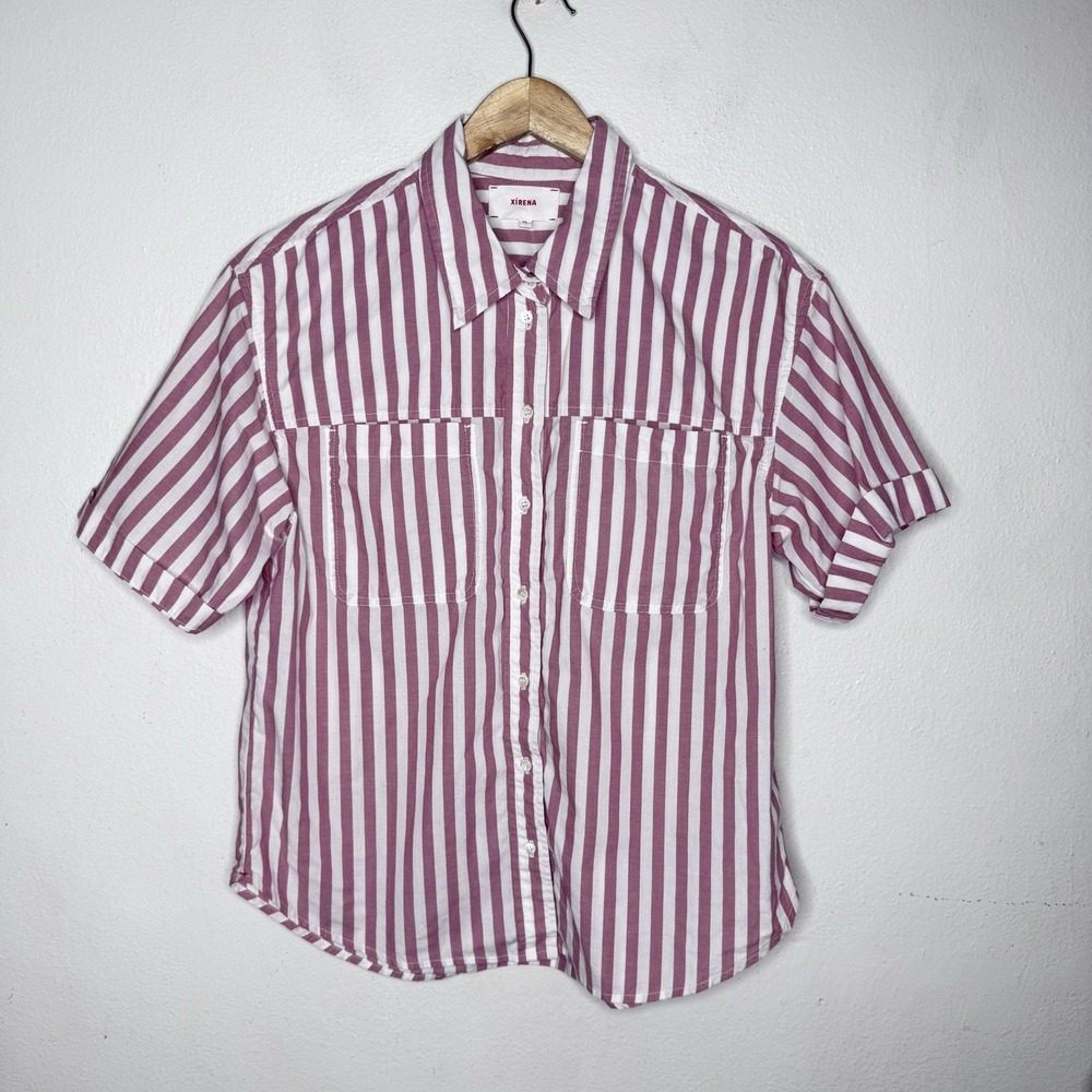 Xirena Pink White Vertical Stripe Short Sleeve Button Up Shirt Women's XS